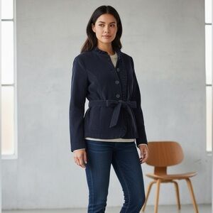 LL Bean Navy Corduroy Buttoned and Belted Jacket, Size 10 Reg